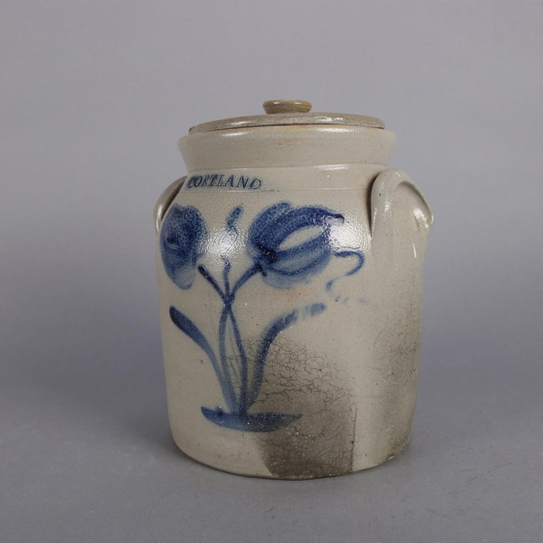 Antique Cortland, New York Blue Decorated and Covered Stoneware Jar at