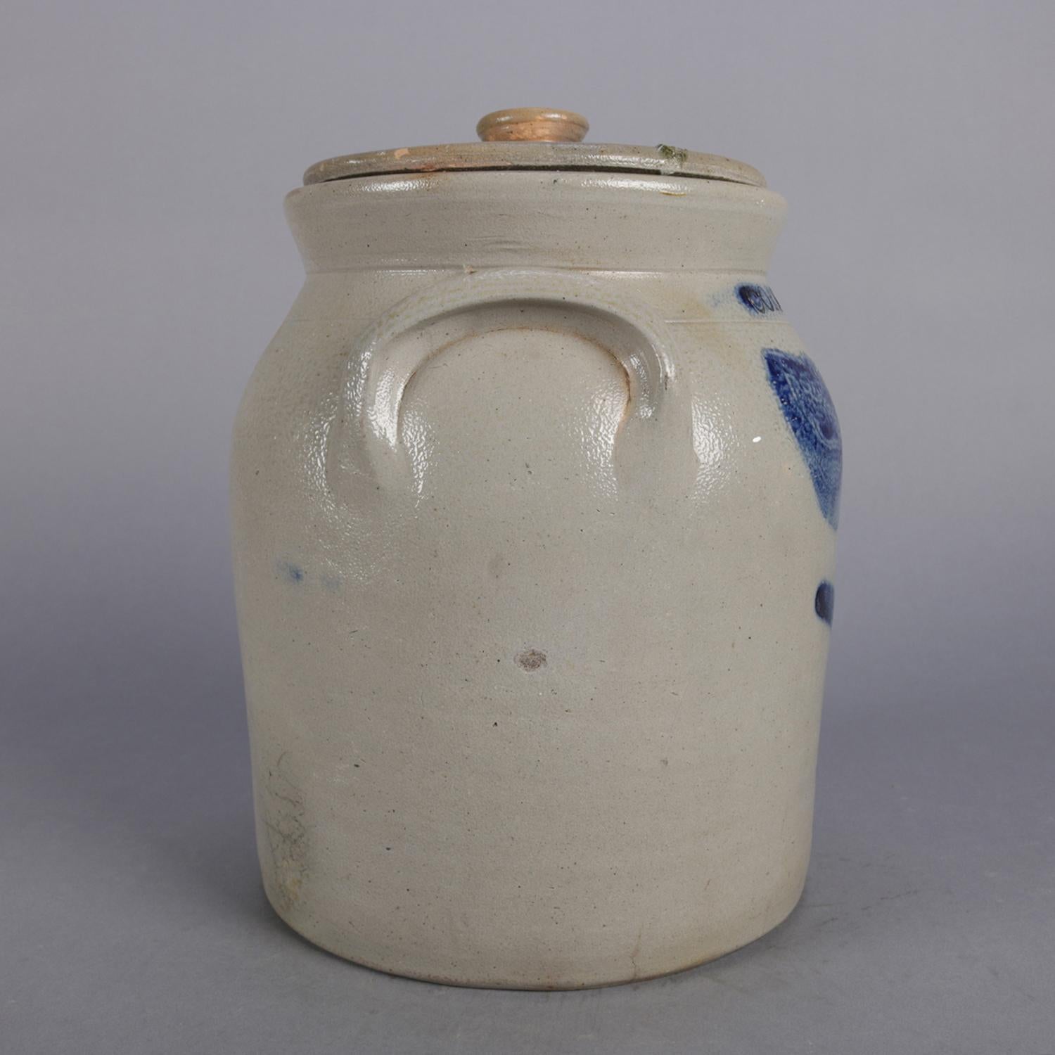 American Antique Cortland, New York Blue Decorated & Covered Stoneware Jar
