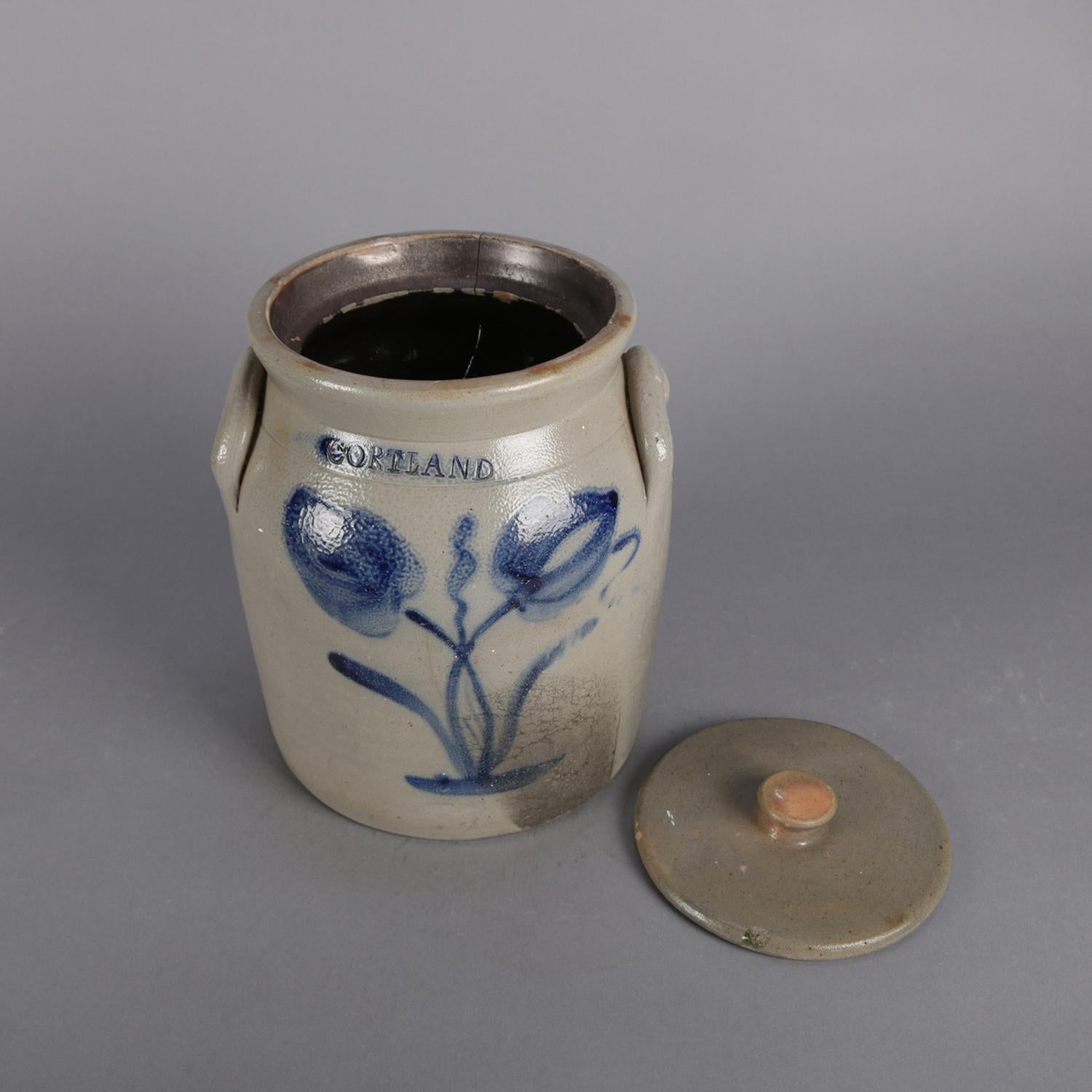 Hand-Painted Antique Cortland, New York Blue Decorated & Covered Stoneware Jar