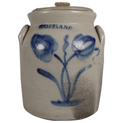 Antique Cortland, New York Blue Decorated & Covered Stoneware Jar