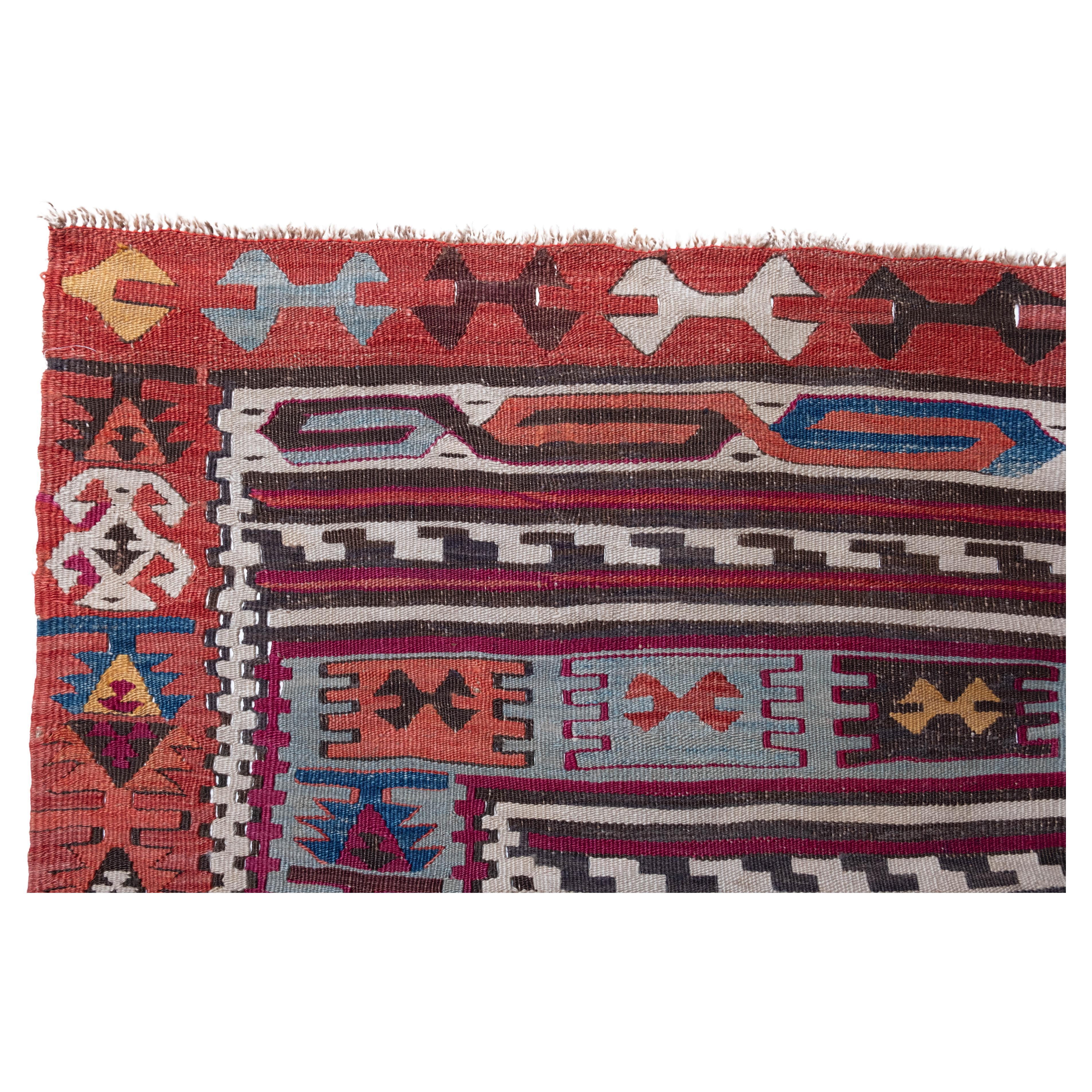This is Central Anatolian Antique Kilim from the Corum region with a rare and beautiful color composition.

Corum has a long history as a base for Hittite ruins such as Hattusa, the capital of the ancient Hittites, Bogazkale, and Yazilikaya, and the