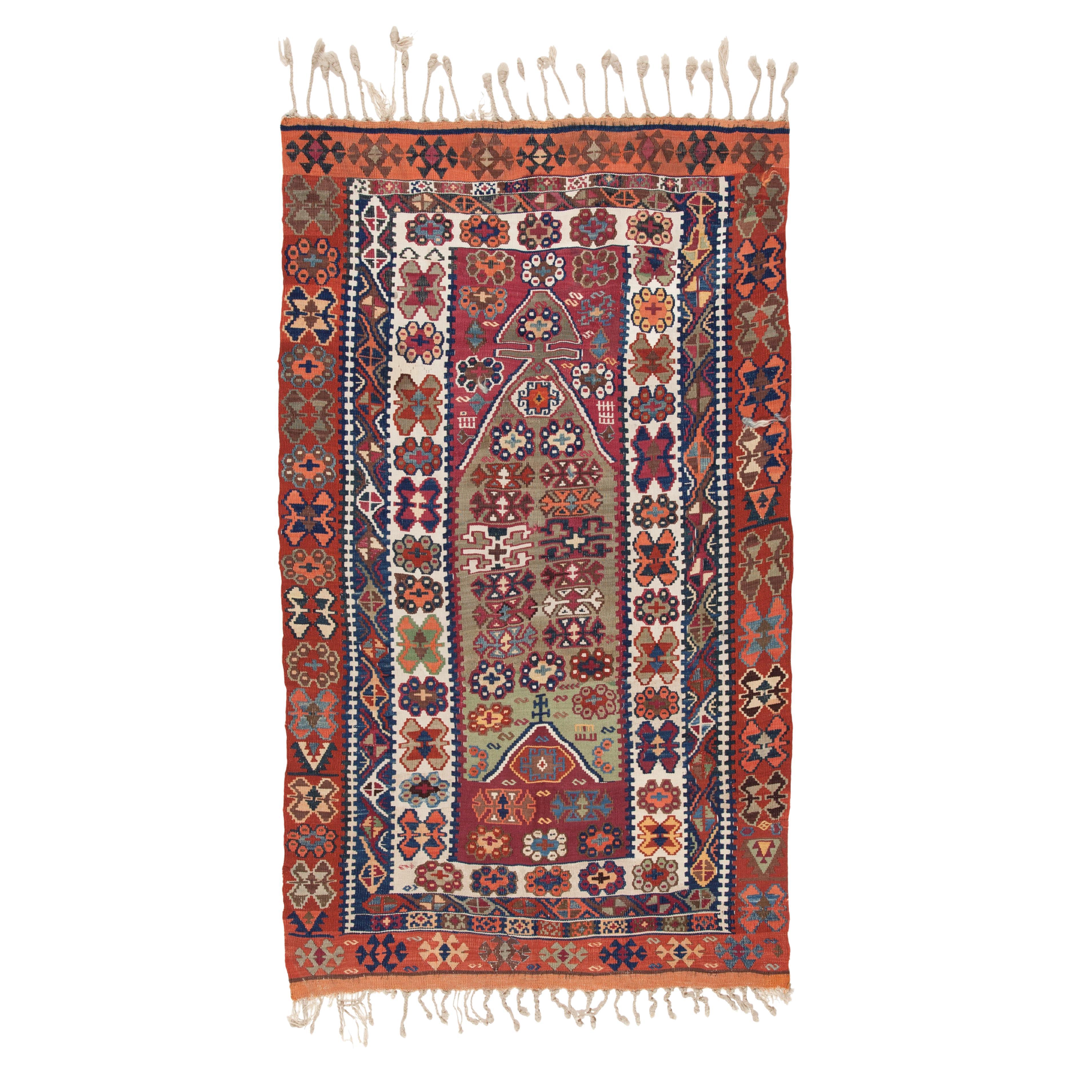 Antique Corum Mihrab Kilim Rug Wool Old Central Anatolian Chorum Turkish Carpet