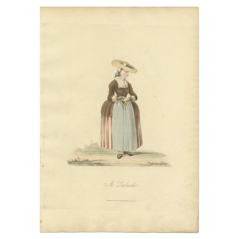 Impression de costume ancienne, représentant une femme néerlandaise en Zélande, 1817