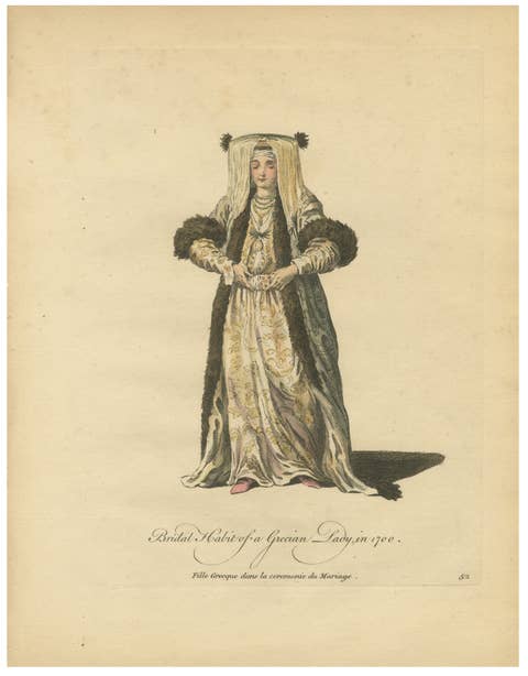 Antique Costume Print Grecian Lady Bridal Dress Jefferys, 1749