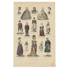 Stampa antica di costumi che include costumi di Parigi, Amsterdam, Norvegia e altri ancora