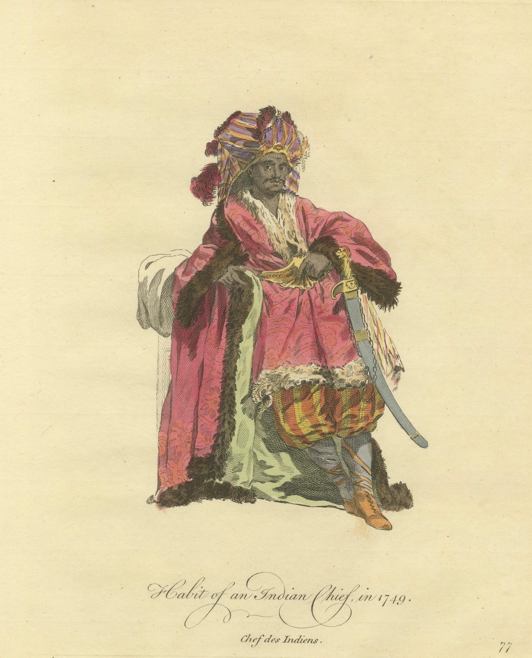 Antique Costume Print – Indian Chief, Exotic Dress & Arms, 1749