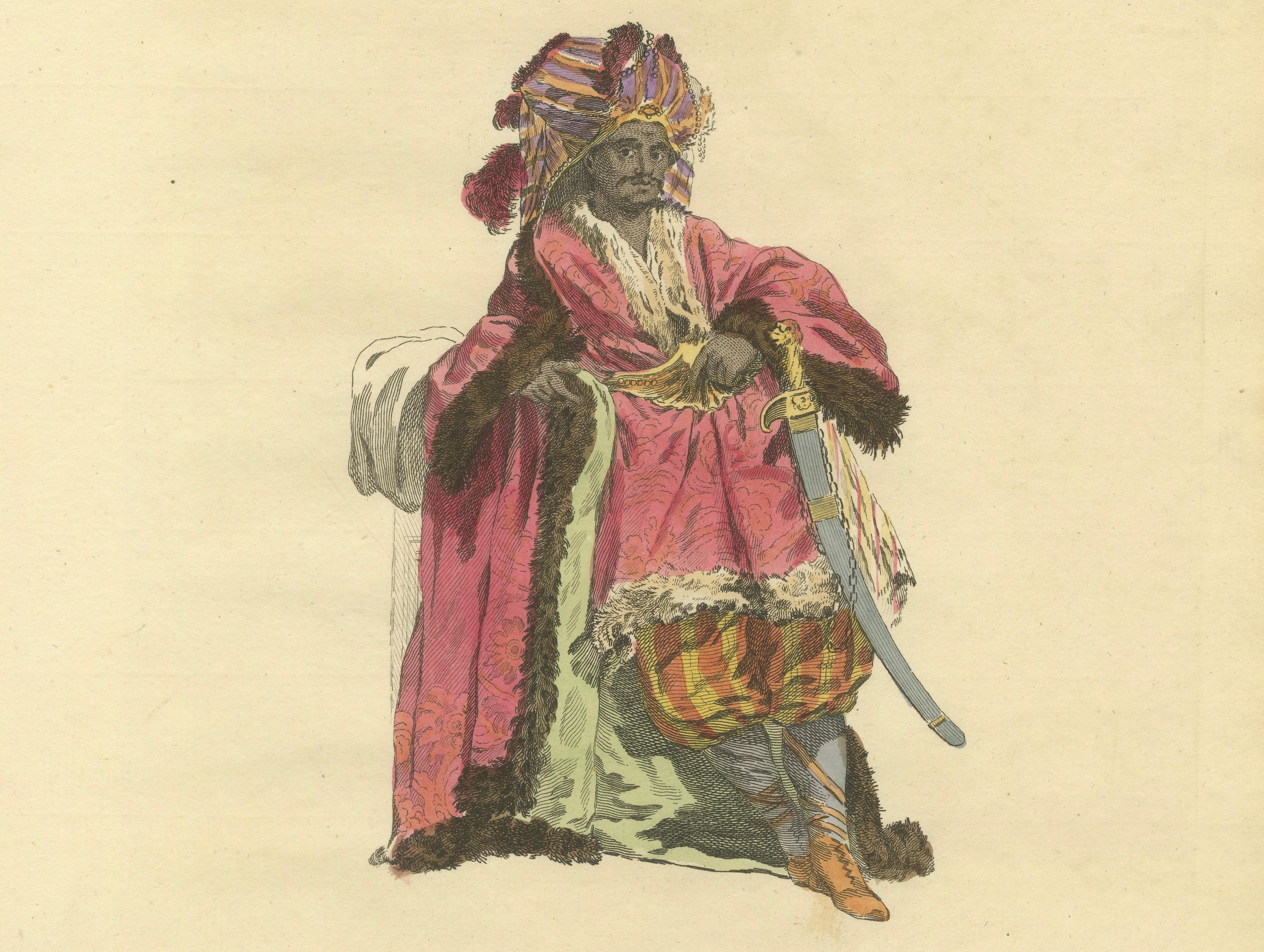 Antique Costume Print – Indian Chief, Exotic Dress & Arms, 1749