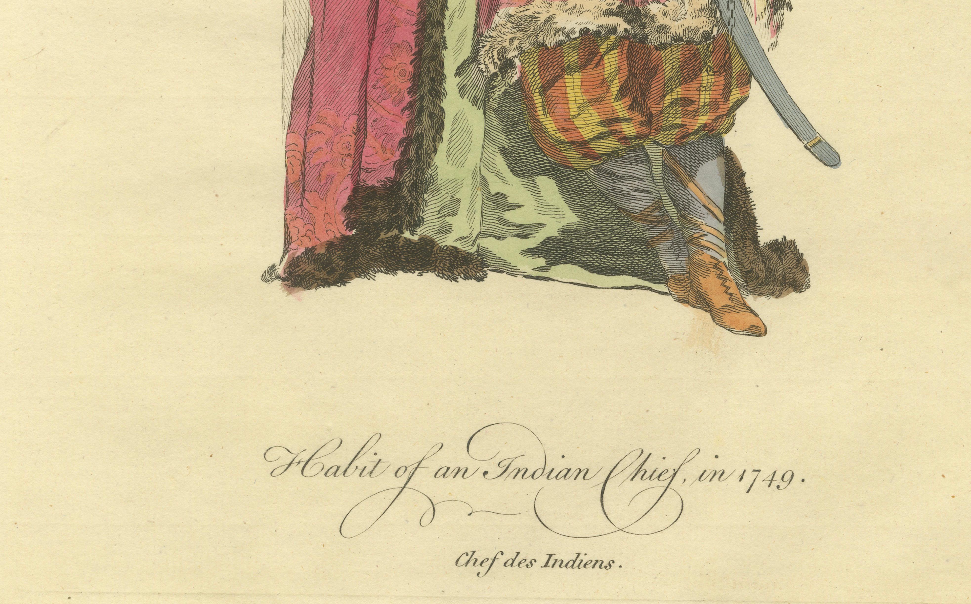 Antique Costume Print – Indian Chief, Exotic Dress & Arms, 1749