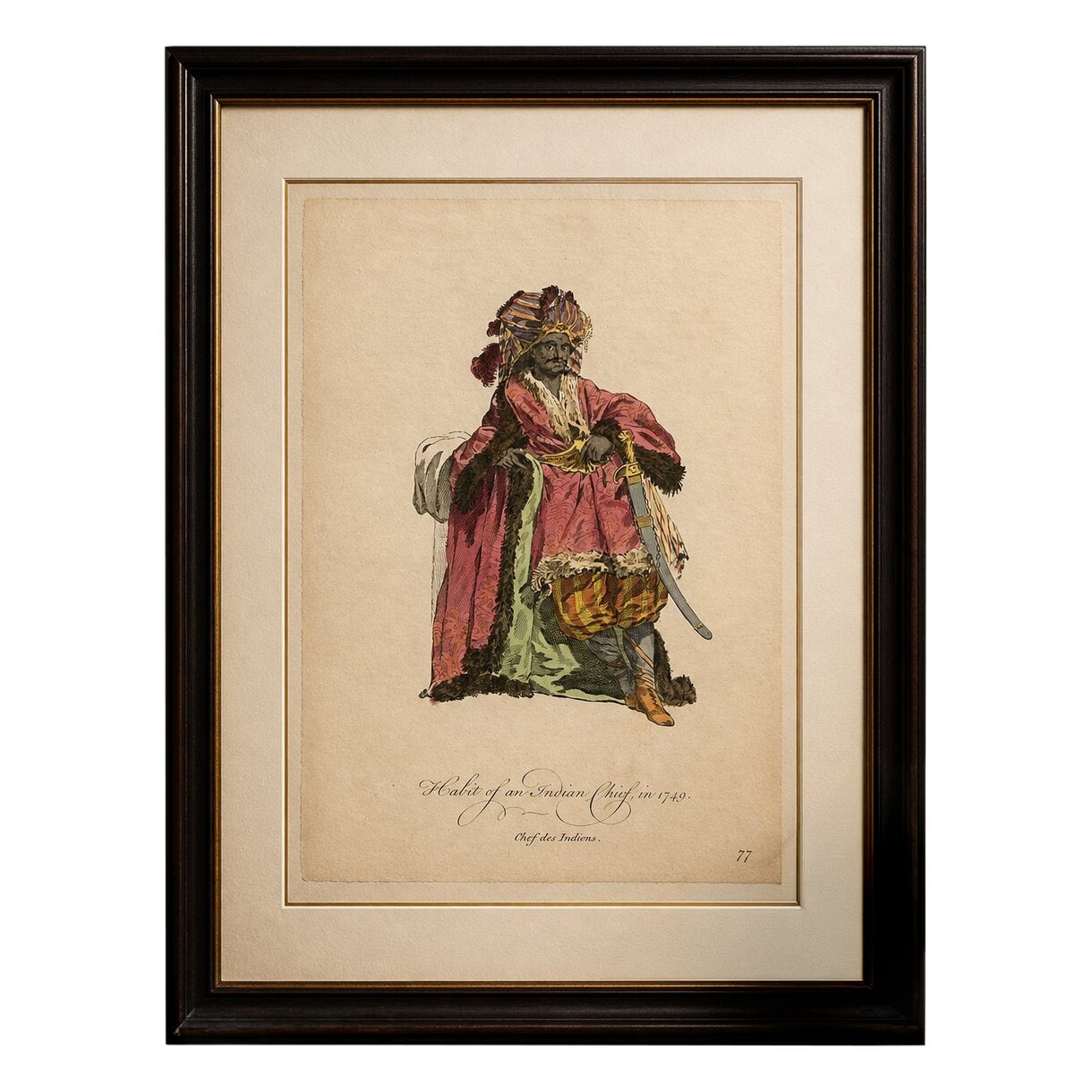 Gravure ancienne - Chef indien, robe et armes exotiques, 1749