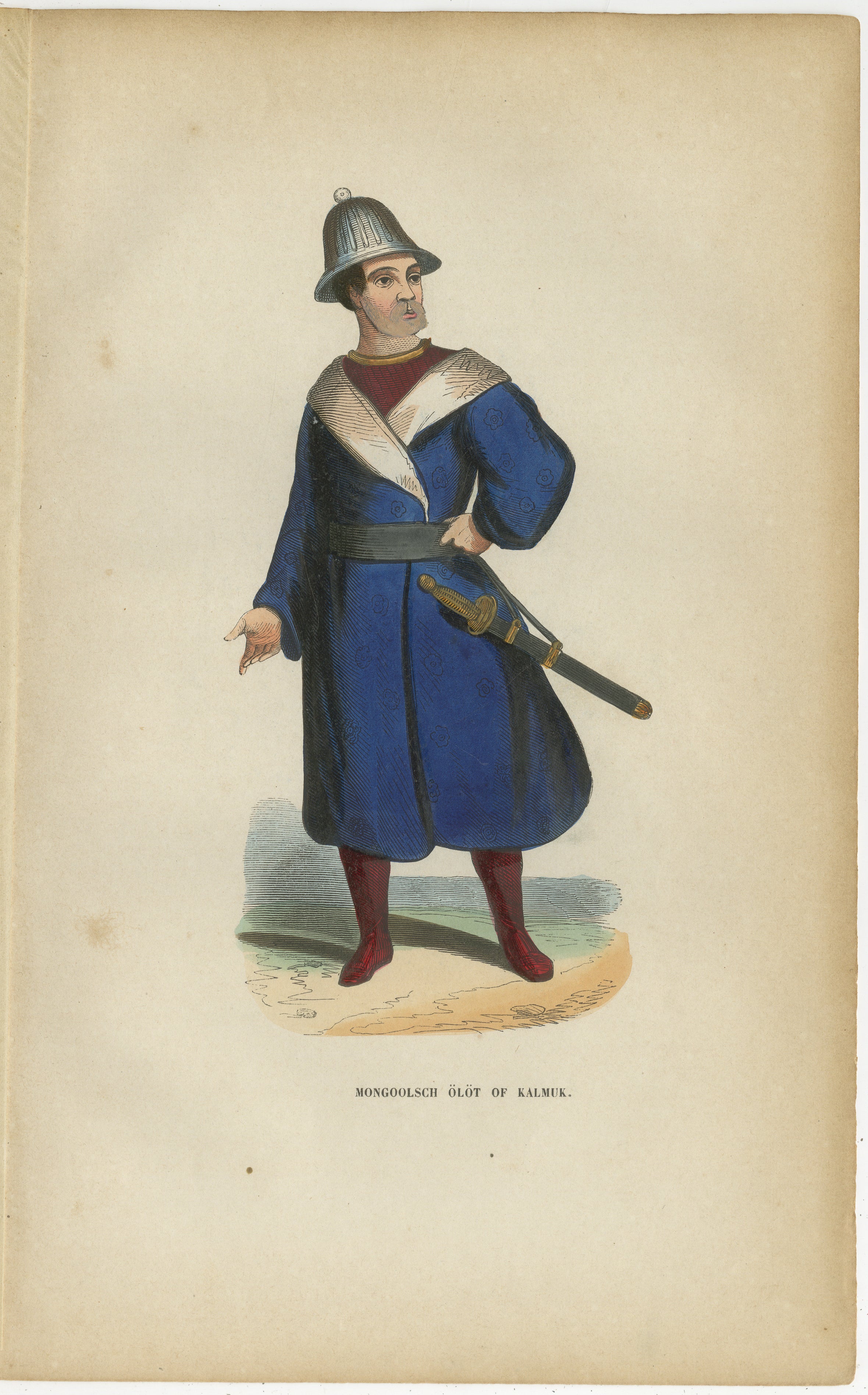 Antique Costume Print Mongol Kalmyk Warrior, Hand-Colored, 1854