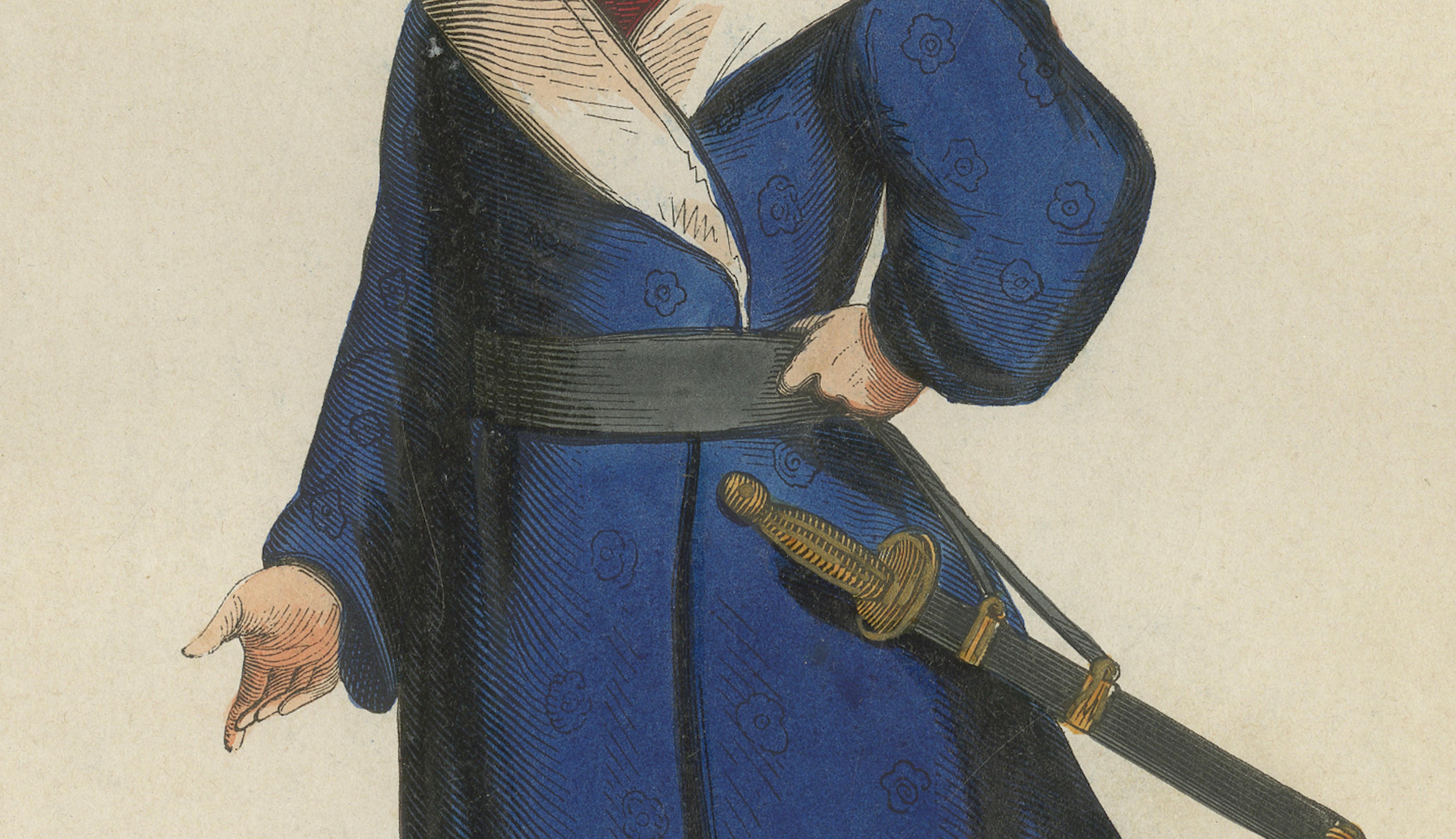 Antique Costume Print Mongol Kalmyk Warrior, Hand-Colored, 1854