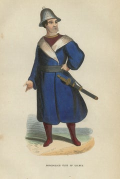 Antique Costume Print Mongol Kalmyk Warrior, Hand-Colored, 1854
