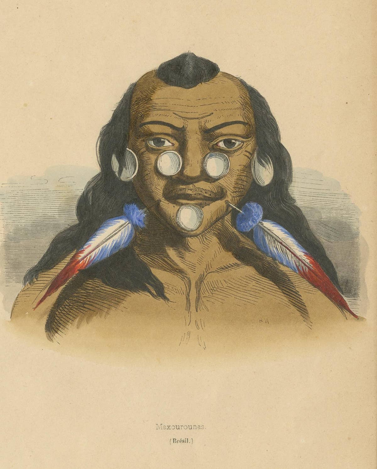 Antique Costume Print of a Brazilian Warrior by Wahlen, 1843