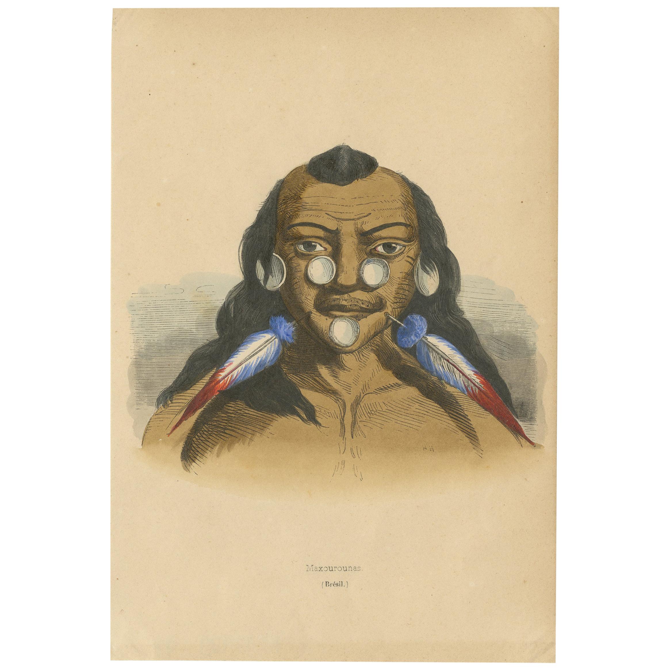 Antique Costume Print of a Brazilian Warrior by Wahlen, 1843