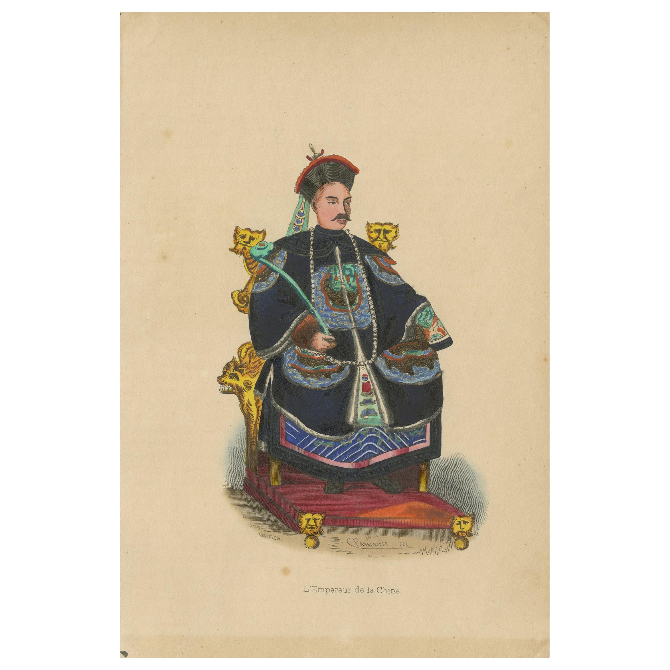 Antique Costume Print of a Chinese Emperor by Wahlen, 1843 For Sale