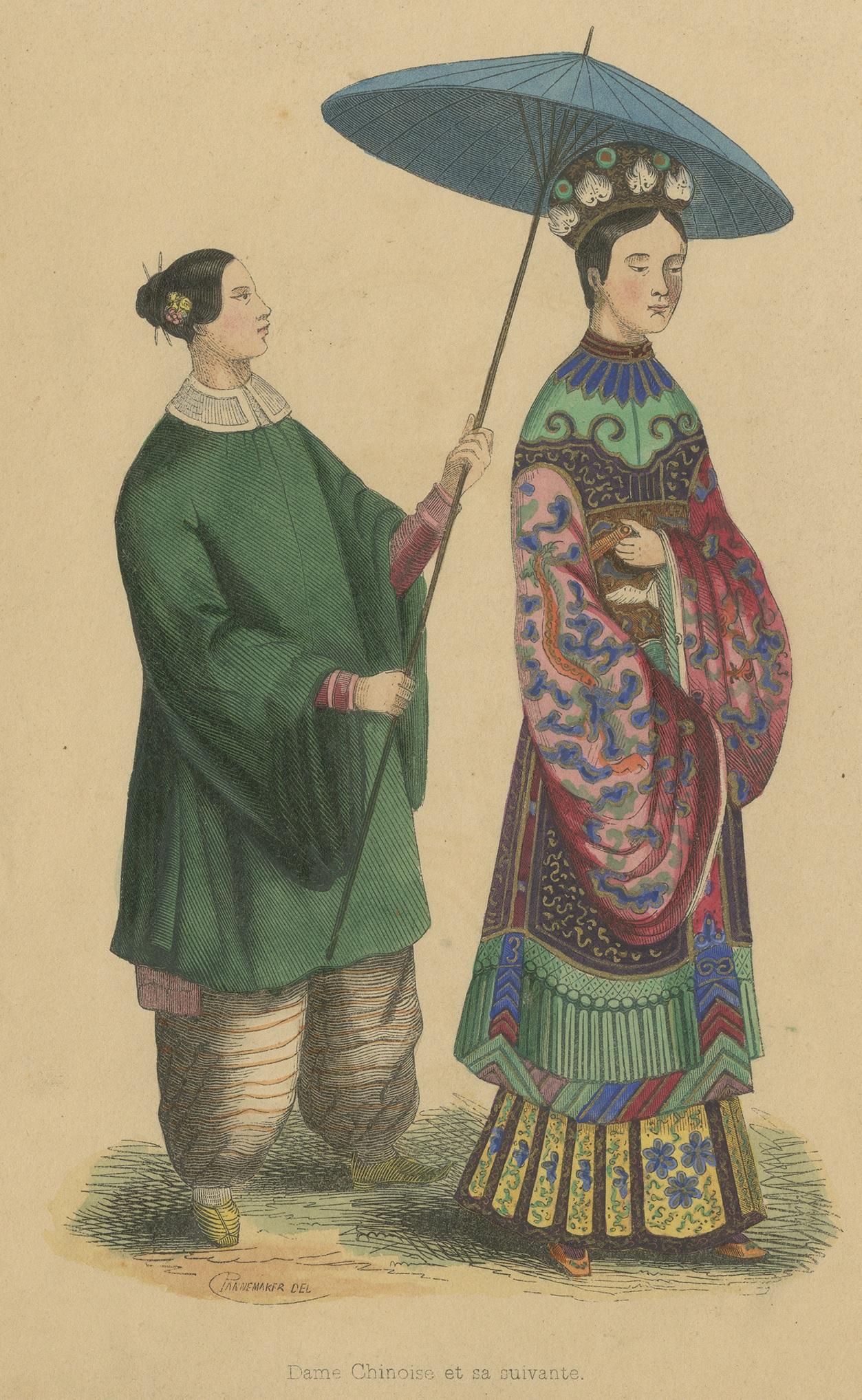 Antique costume print titled 'Dame Chinois et sa suivante'. Original antique print of a Chinese lady and her maid. This print originates from 'Moeurs, usages et costumes de tous les peuples du monde' by Auguste Wahlen.