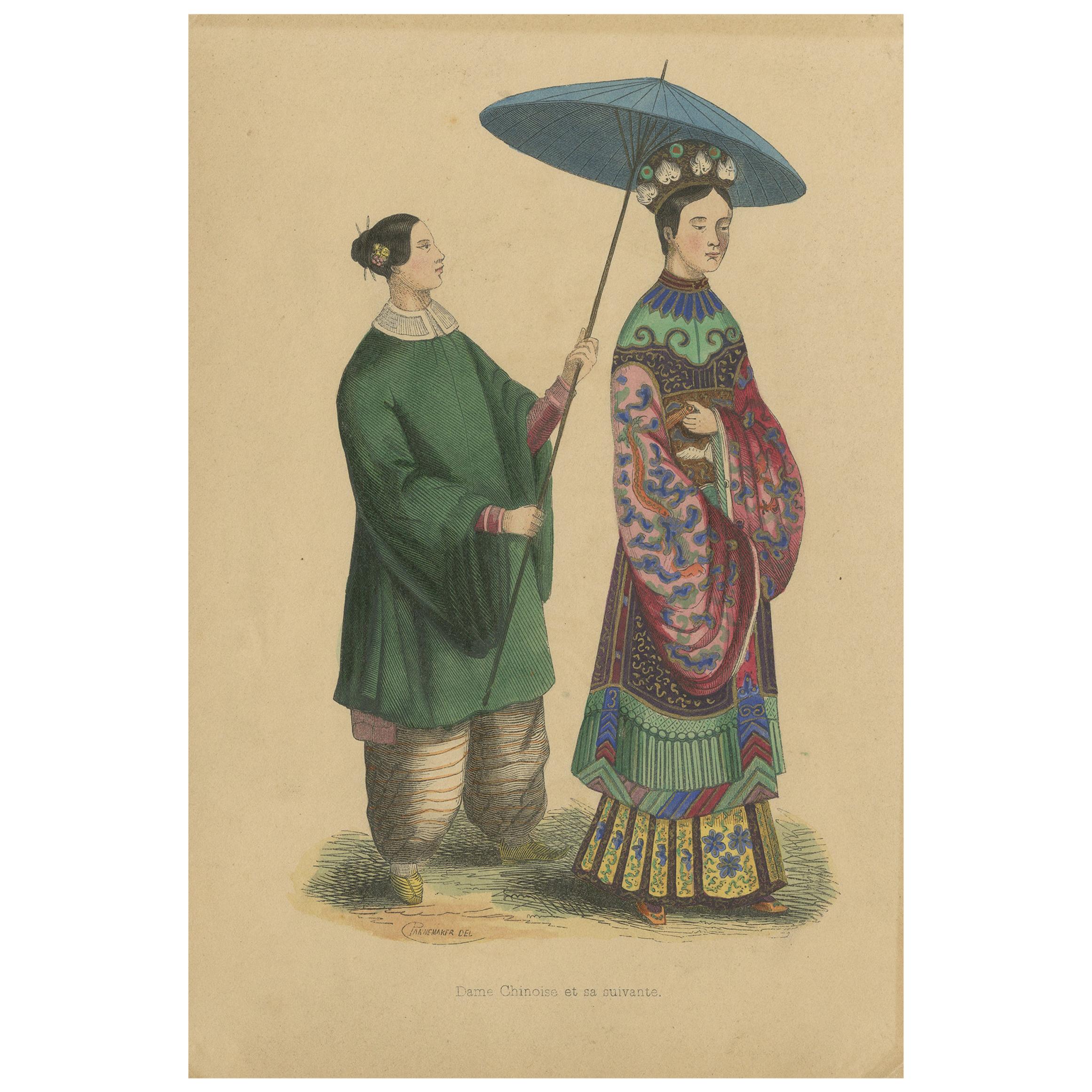 Antique Costume Print of a Chinese Lady and Her Maid by Wahlen, ‘1843’ For Sale
