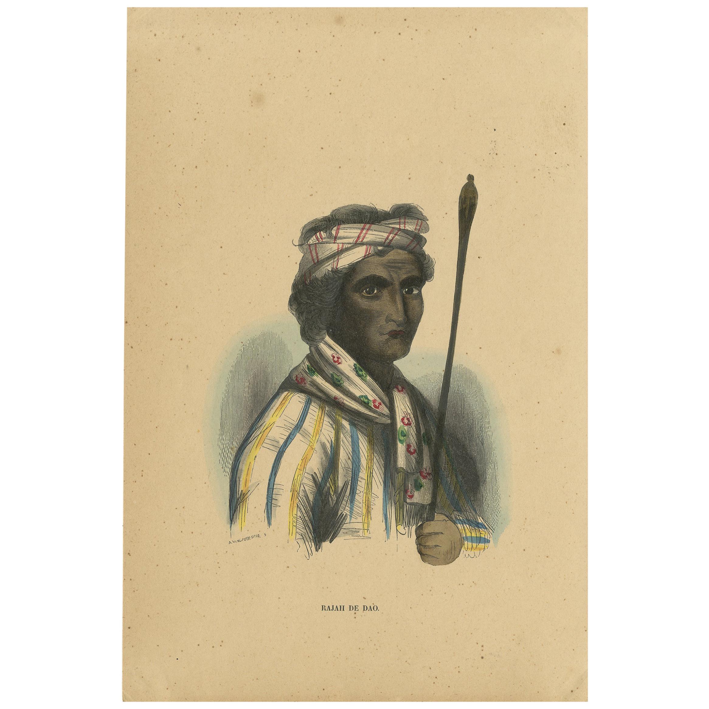 Antique Costume Print of a Dao Rajah by Wahlen, 1843 For Sale