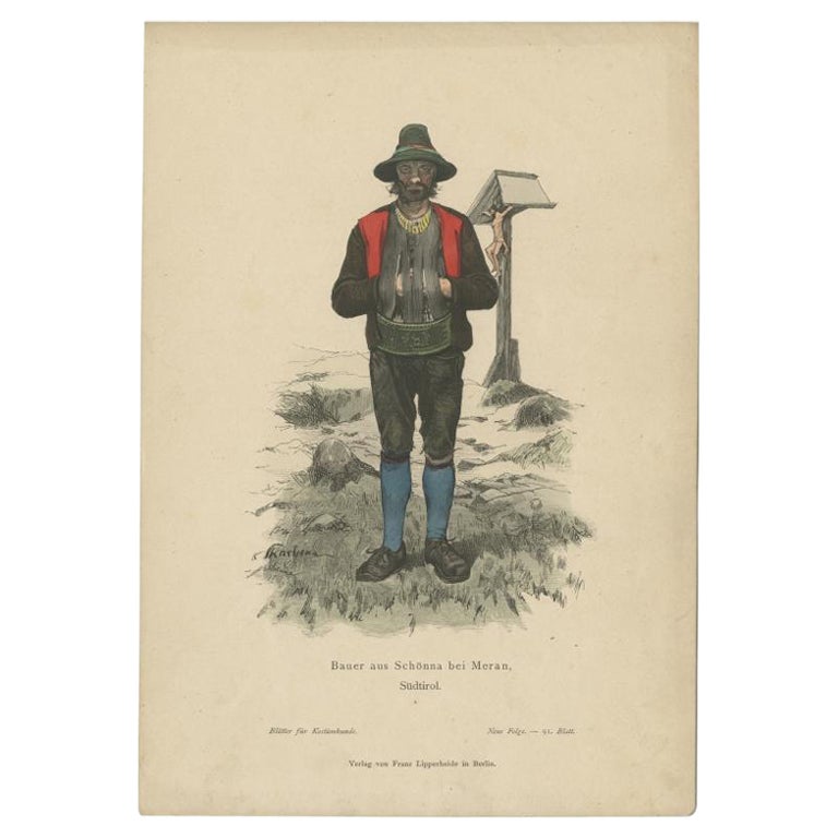Ancienne estampe de costume d'un fermier de Schenna, Tyrol du Sud, Italie, vers 1880