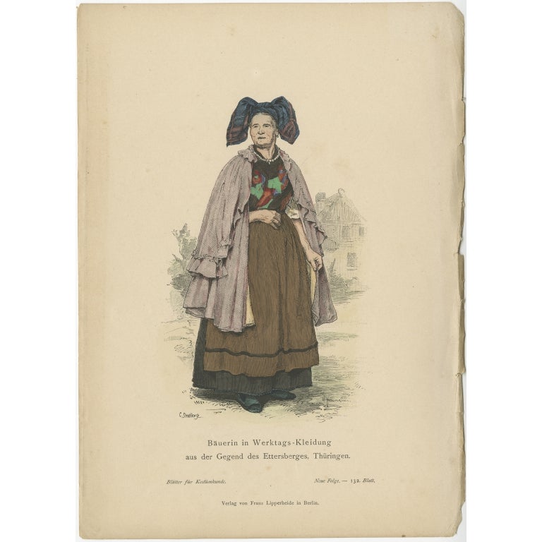 Antique Costume Print of a Farmer's Wife from the Region of Thuringia, c.1880 For Sale