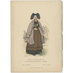Ancienne estampe de costume d'une femme fermiere de la région de Thuringia, vers 1880