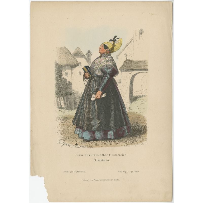 Antique costume print titled 'Bauersfrau aus Ober-Oesterreich (Traunkreis)'. Old print of a farmer's wife from the region of Traunkreis, Upper Austria. This print originates from 'Blätter für Kostümkunde'.

Artists and Engravers: Published by