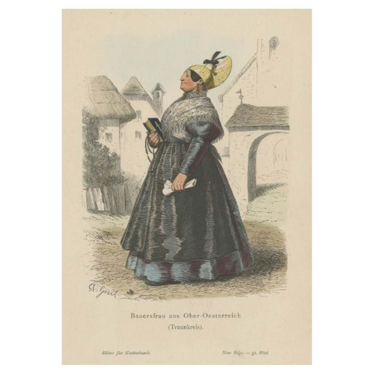 Antiker Kostümdruck eines Bauernlebens aus der Region Traunkreis, um 1880