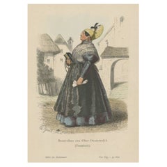 Antiker Kostümdruck eines Bauernlebens aus der Region Traunkreis, um 1880