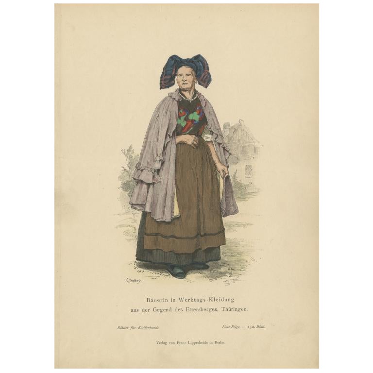 Antiker Kostümdruck eines Bauernlebens aus Thuringia, Deutschland, um 1880