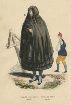 Stampa antica in costume di una donna e di un contadino in costume scandinavo di Wahlen
