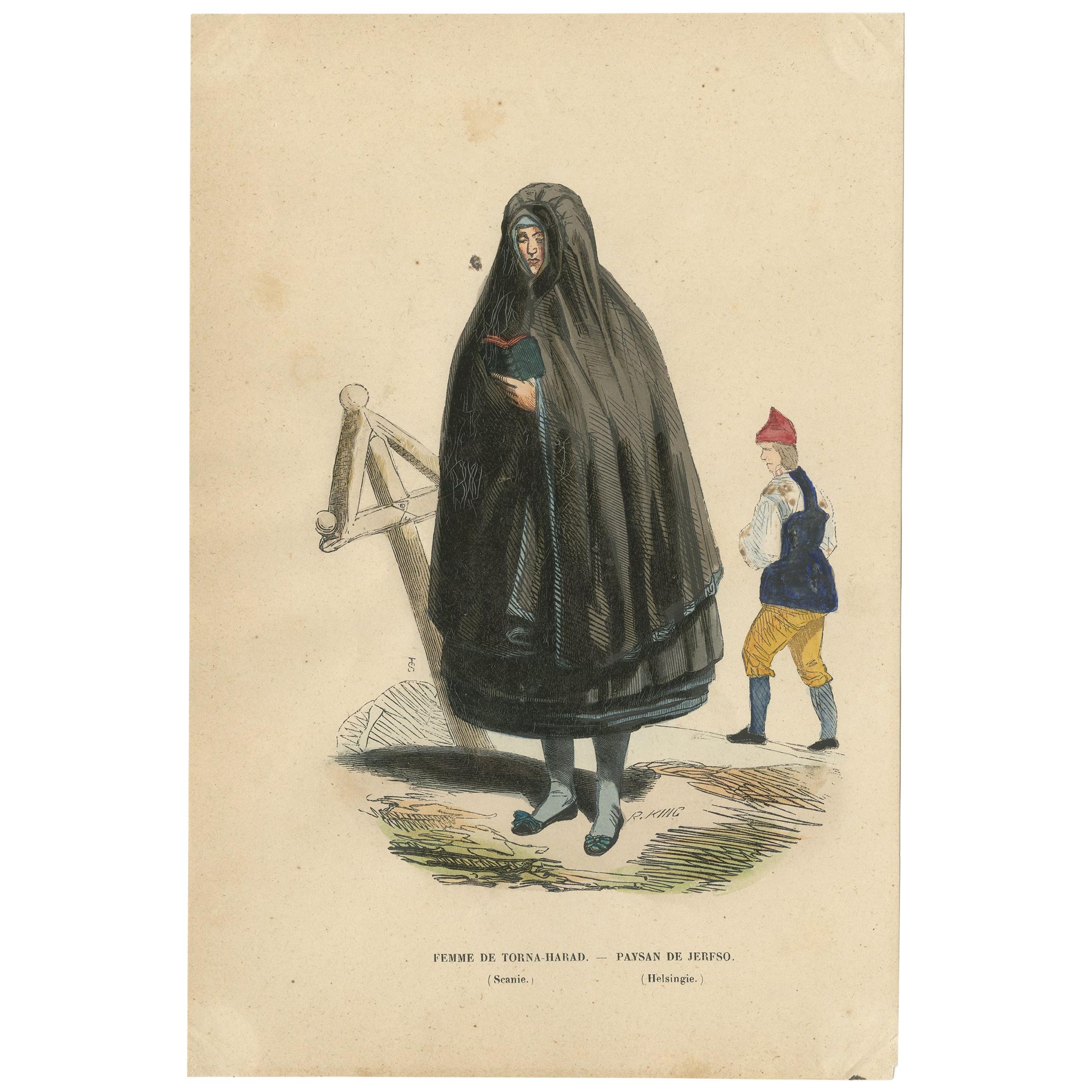 Antique Costume Print of a Female and Peasant in Scandinavian Costume by Wahlen For Sale
