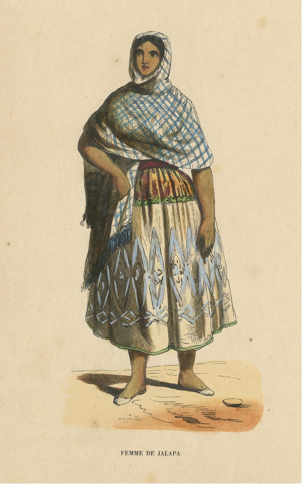 Antique costume print titled 'Femme de Jalapa'. Original antique print of a female in Jalapa. This print originates from 'Moeurs, usages et costumes de tous les peuples du monde' by Auguste Wahlen.