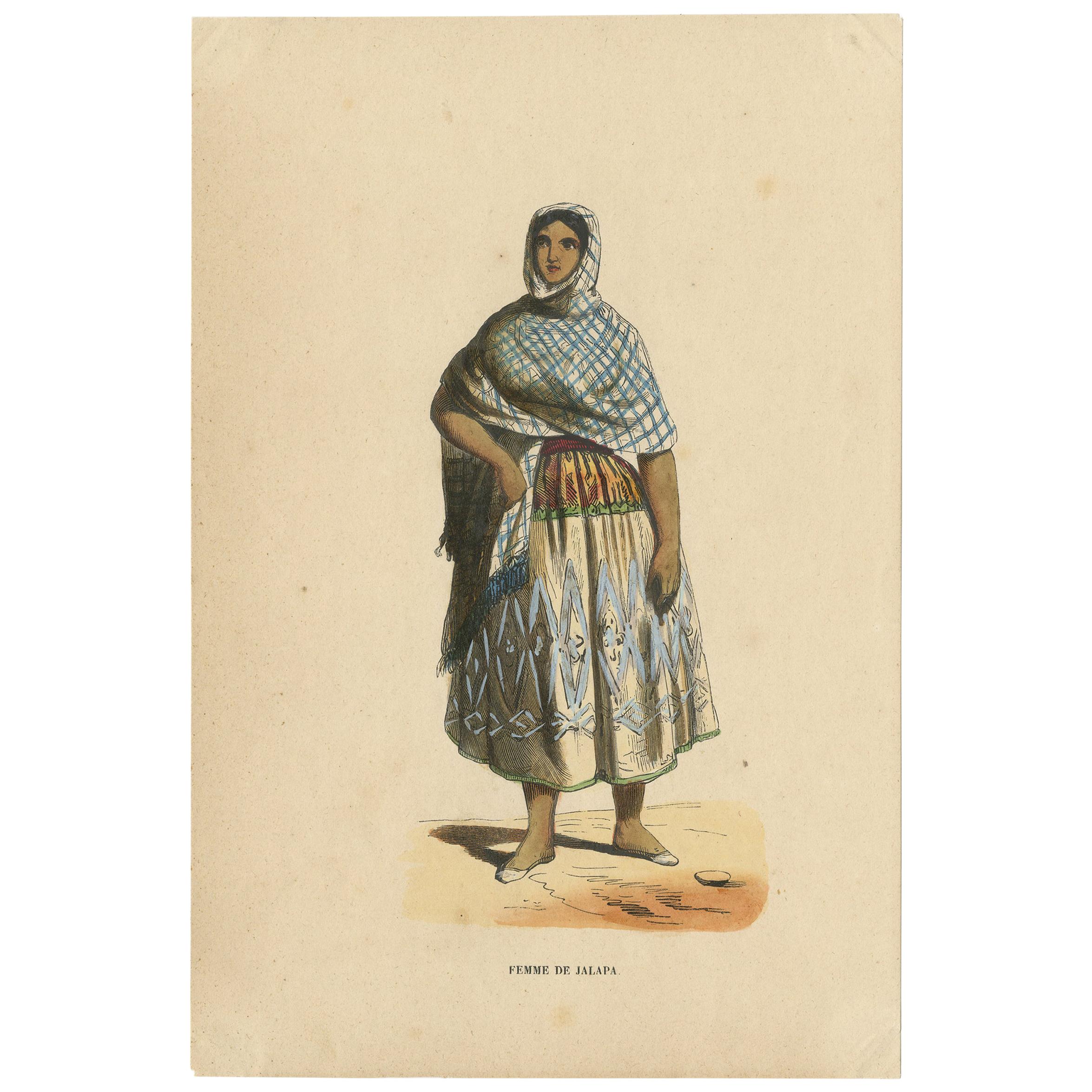 Antiker Kostümdruck einer weiblichen Figur in Jalapa von Wahlen, 1843