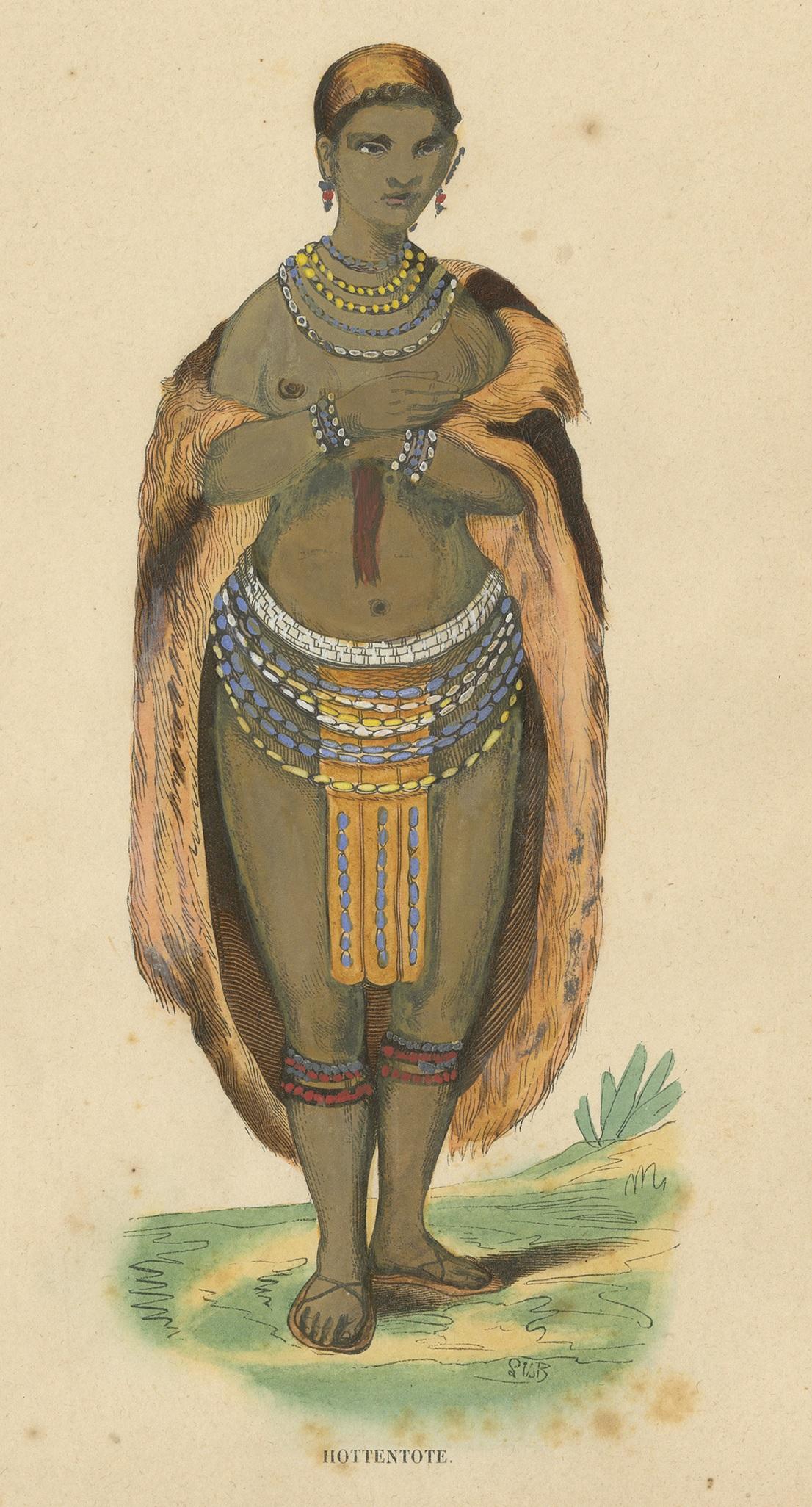 Grabado antiguo de traje de una mujer Khoikhoi por Wahlen, 1843 siglo XIX en venta