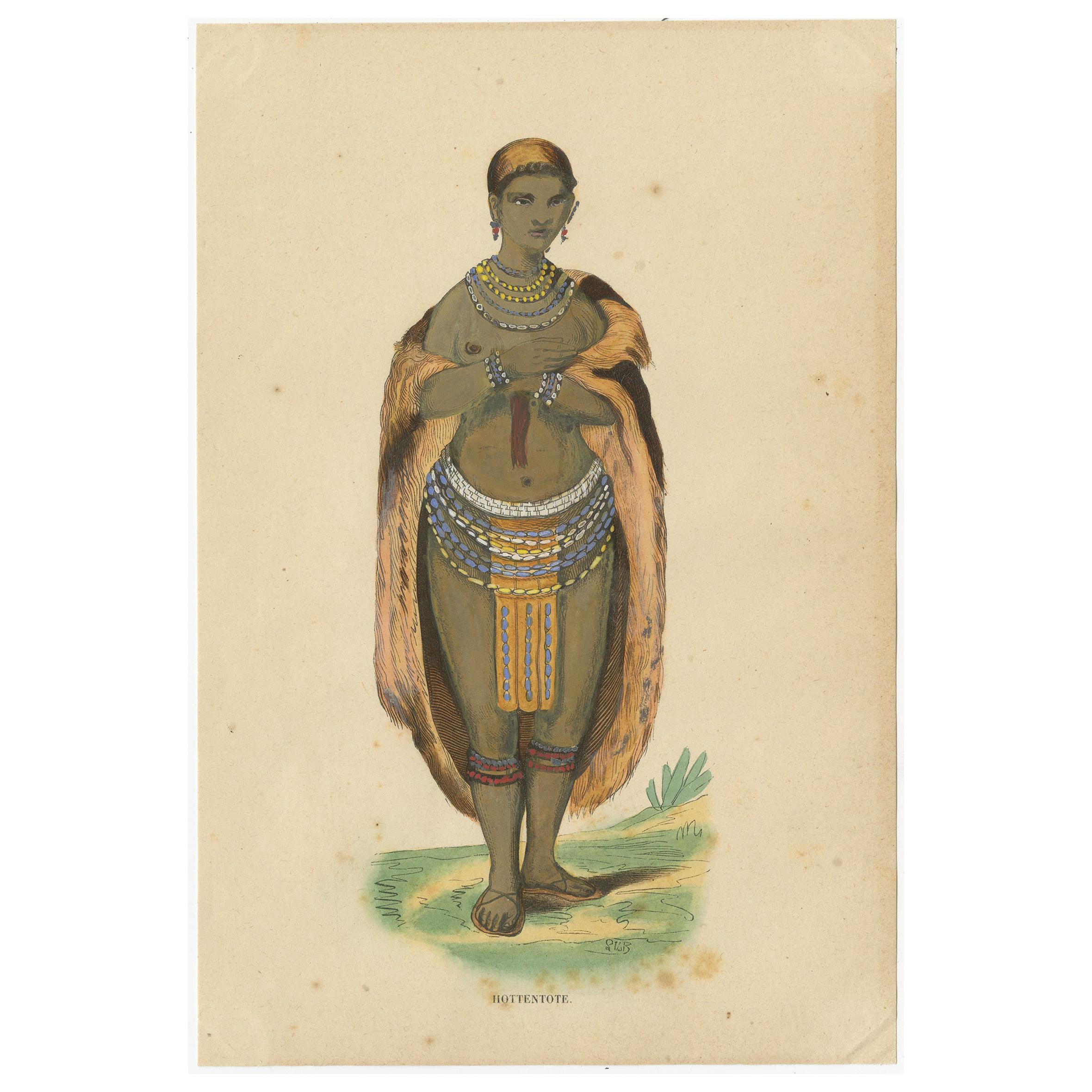 Impression de costume ancien d'une femme Khoikhoi par Wahlen, 1843