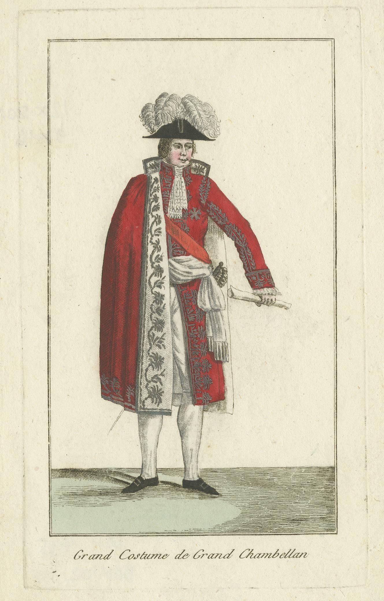 Antique print titled 'Grand Costume de Grand Chambellan'. Costume print of a French chamerlain. This print originates from a small booklet with engravings of French costumes.