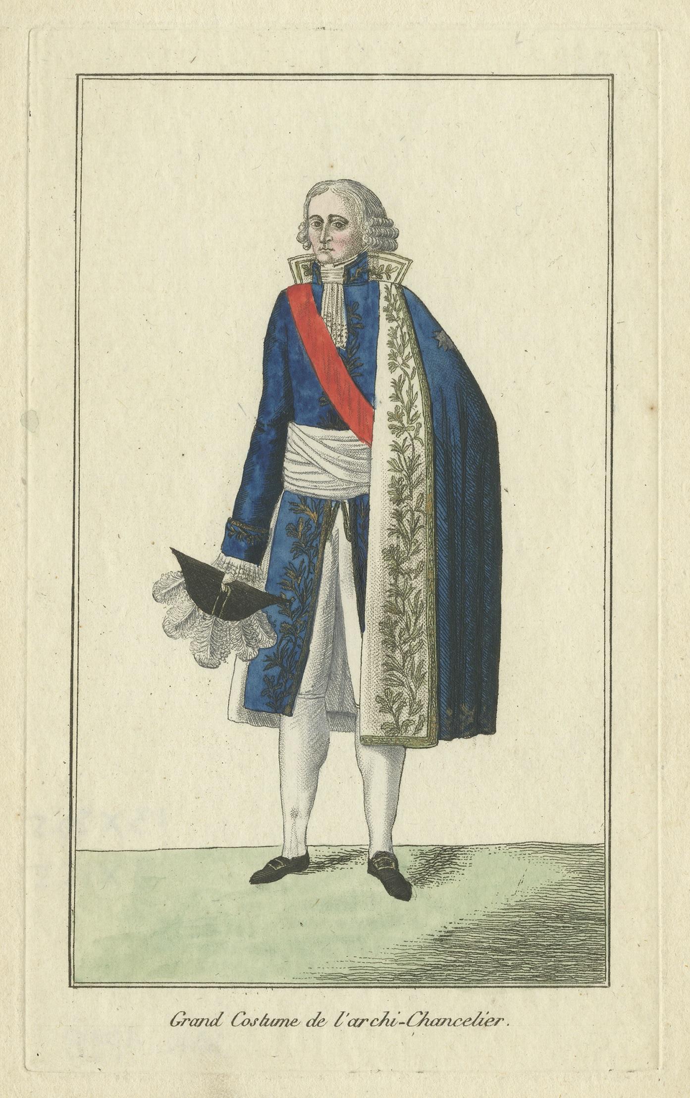 Antique print titled 'Grand Costume de l'archi-chancelier'. Costume print of a French chancellor. This print originates from a small booklet with engravings of French costumes.