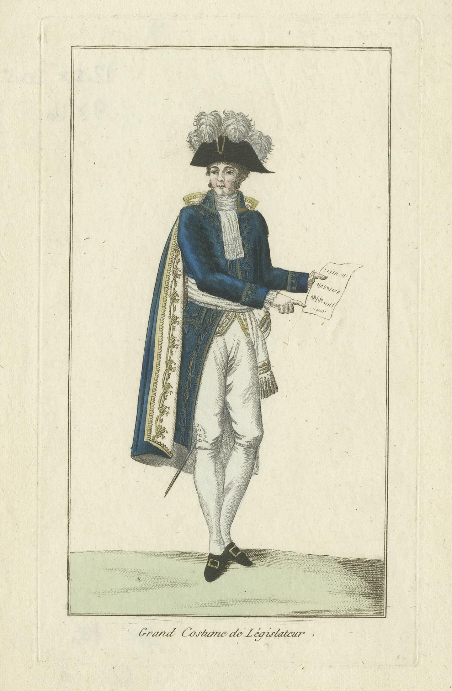 Antique print titled 'Grand Costume de Législateur'. Costume print of a French legislator. This print originates from a small booklet with engravings of French costumes.