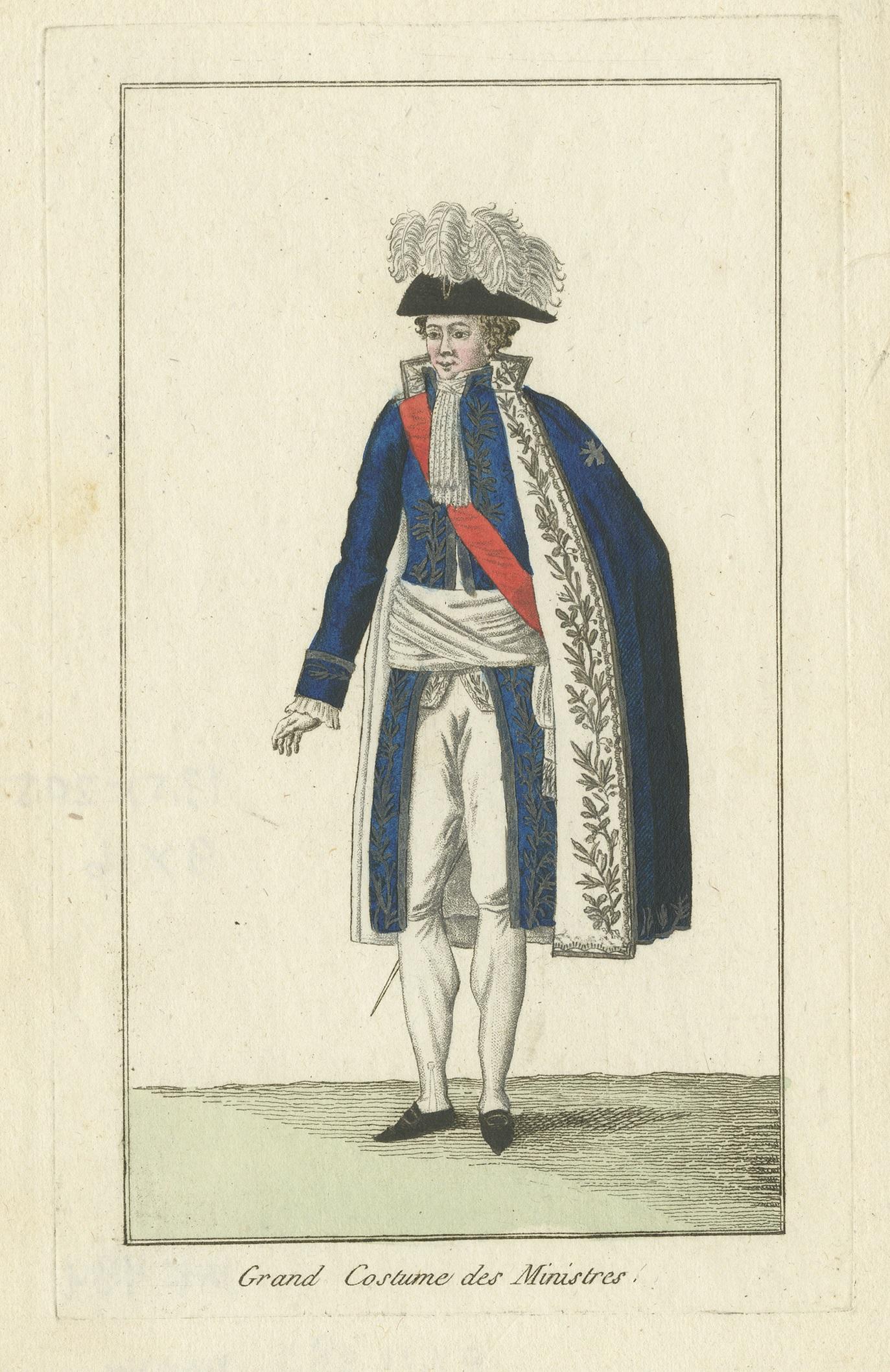 Antique print titled 'Grand Costume des Ministres'. Costume print of a French minister. This print originates from a small booklet with engravings of French costumes.