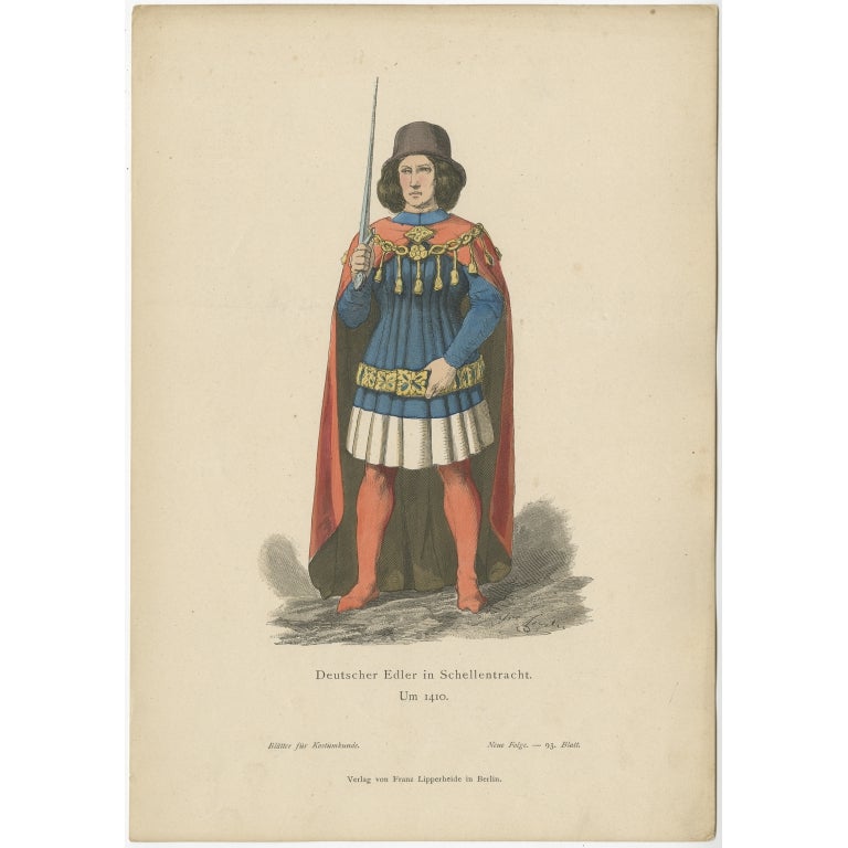 Antique Costume Print of a German Nobleman by Lipperheide, c.1880 For Sale