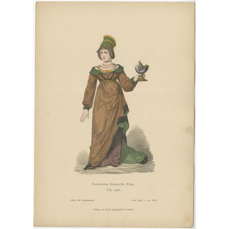 Antique Costume Print of a German Noblewoman by Lipperheide, c.1880 For Sale