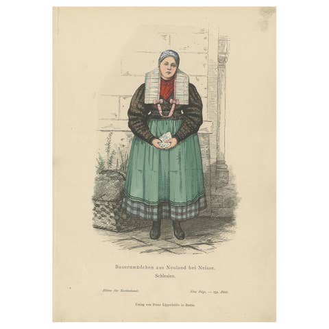 Antique Costume Print of a German Peasant Girl from Neuland Near Hamburg, c.1880