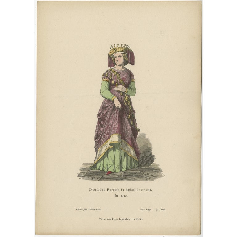 Antique Costume Print of a German Princess by Lipperheide, c.1880 For Sale