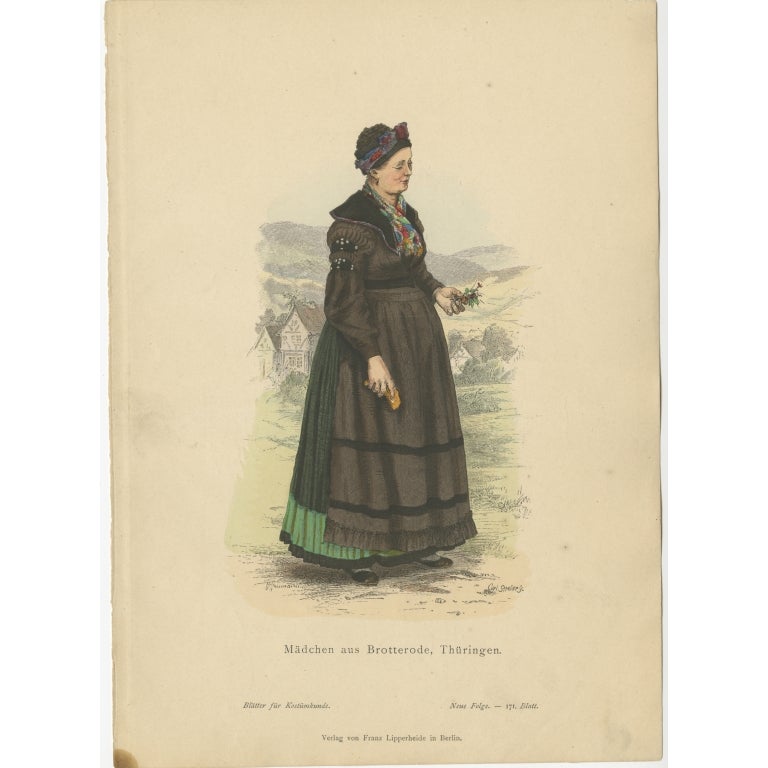 Antique Costume Print of a Girl from Brotterode 'Thuringia' by Lipperheide, 1880