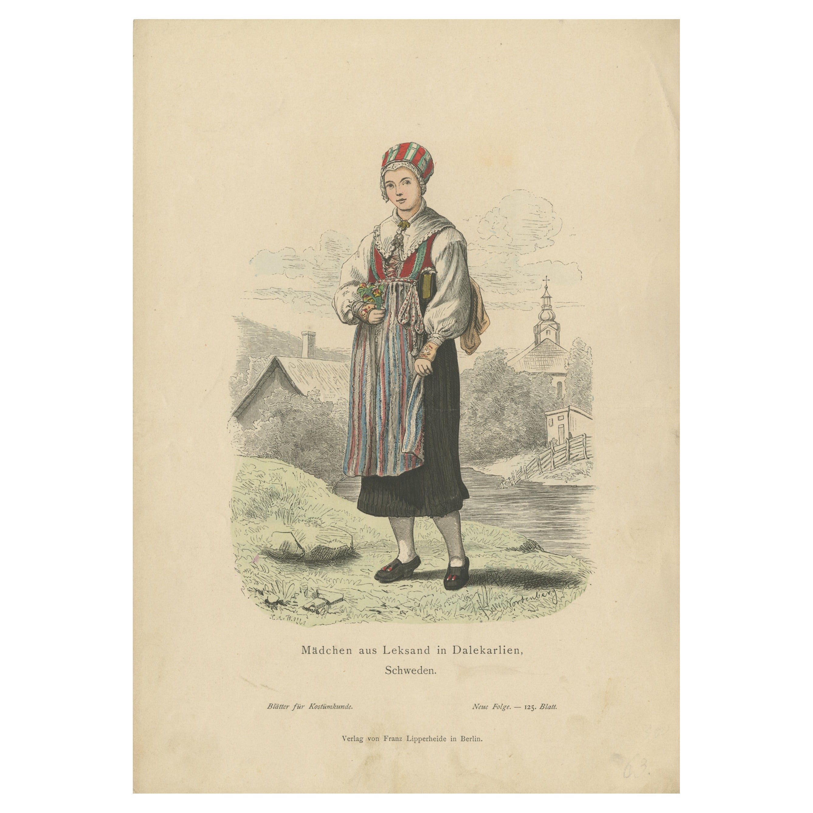 Antiker antiker Kostümdruck eines Mädchens aus Leksand in Schweden, um 1880