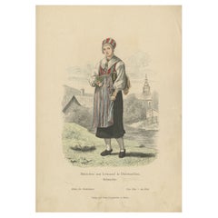 Antiker antiker Kostümdruck eines Mädchens aus Leksand in Schweden, um 1880