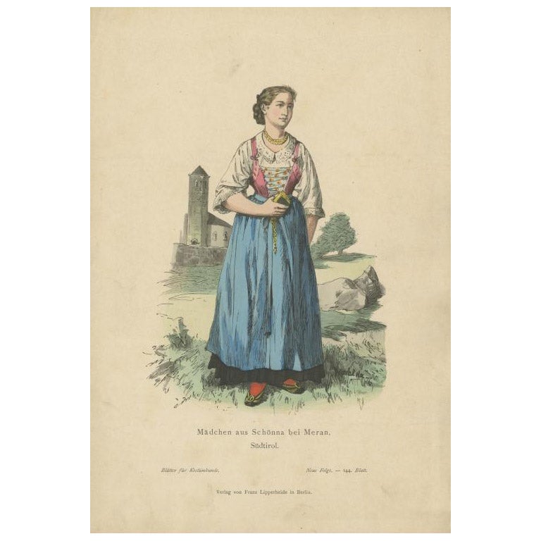 Antiker antiker Kostümdruck eines Mädchens aus Schena, Süd Tyrol, Italien, um 1880