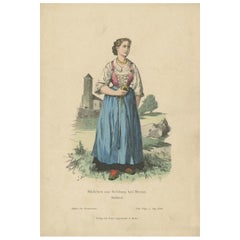 Antiker antiker Kostümdruck eines Mädchens aus Schena, Süd Tyrol, Italien, um 1880