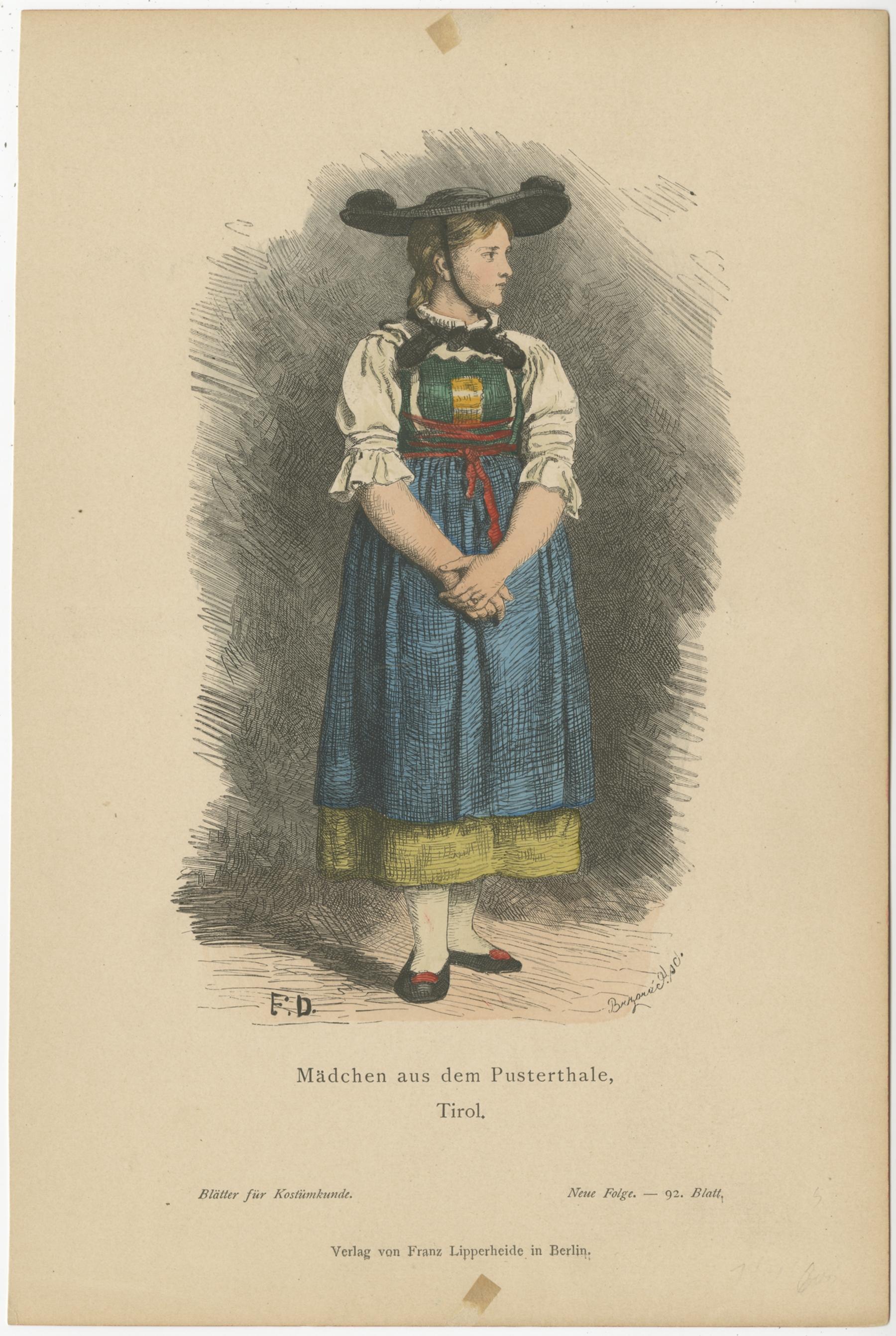 Antique costume print titled 'Mädchen aus dem Pusterthale, Tirol'. Old print showing a girl from Val Pusteria, Tyrol. This print originates from 'Blätter für Kostümkunde'. 

The Puster Valley is one of the largest longitudinal valleys in the Alps