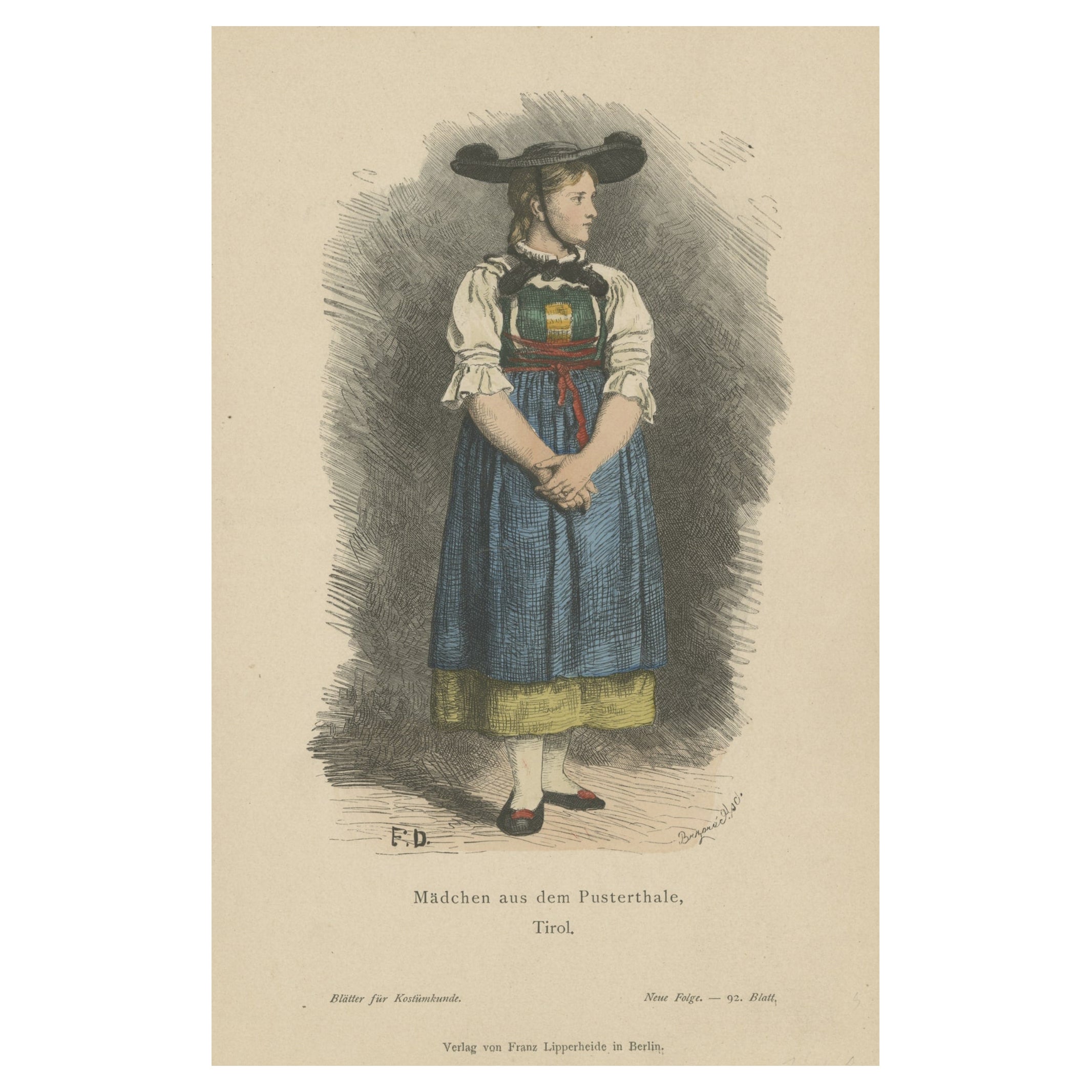 Antiker Kostümdruck eines Mädchens aus der Val Pusteria, Südtirol, Italien, um 1880